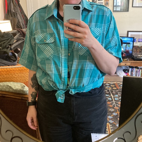 Vintage gingham button down teal buffalo plaid XL short sleeves - Picture 6 of 6